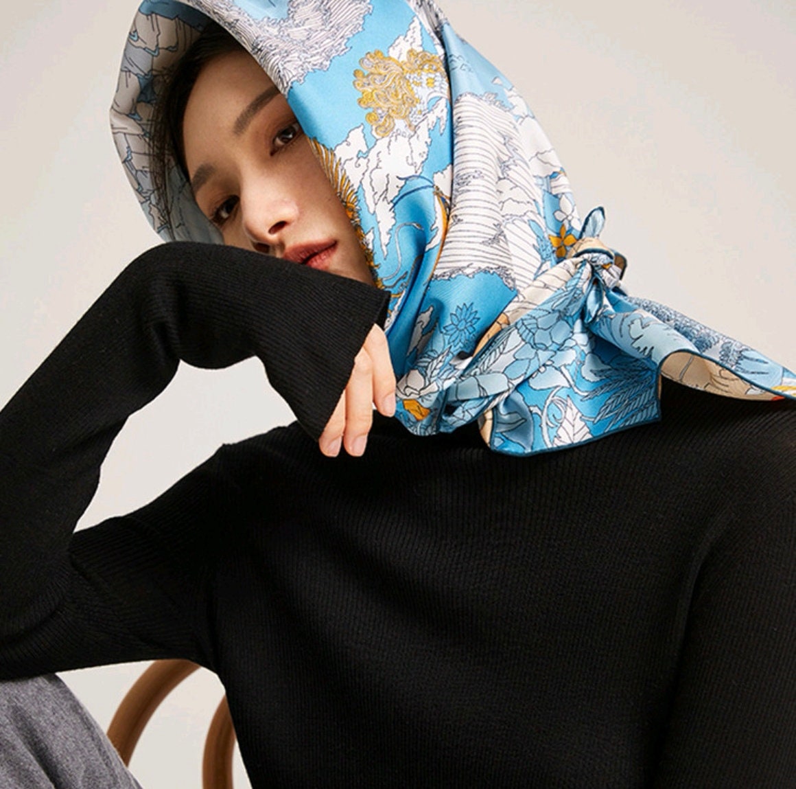Blue Silk Scarf Blue and Beige Inspired by Chinese Mythology Dual Colours Scarf Gift for Her Gift for Birthday Perfect Gift for Valentine’s