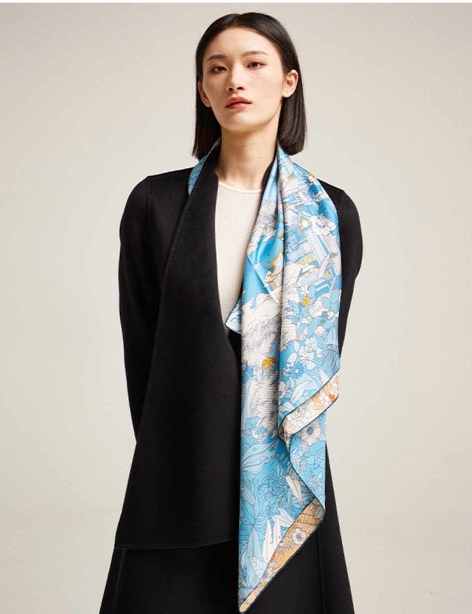 Blue Silk Scarf Blue and Beige Inspired by Chinese Mythology Dual Colours Scarf Gift for Her Gift for Birthday Perfect Gift for Valentine’s