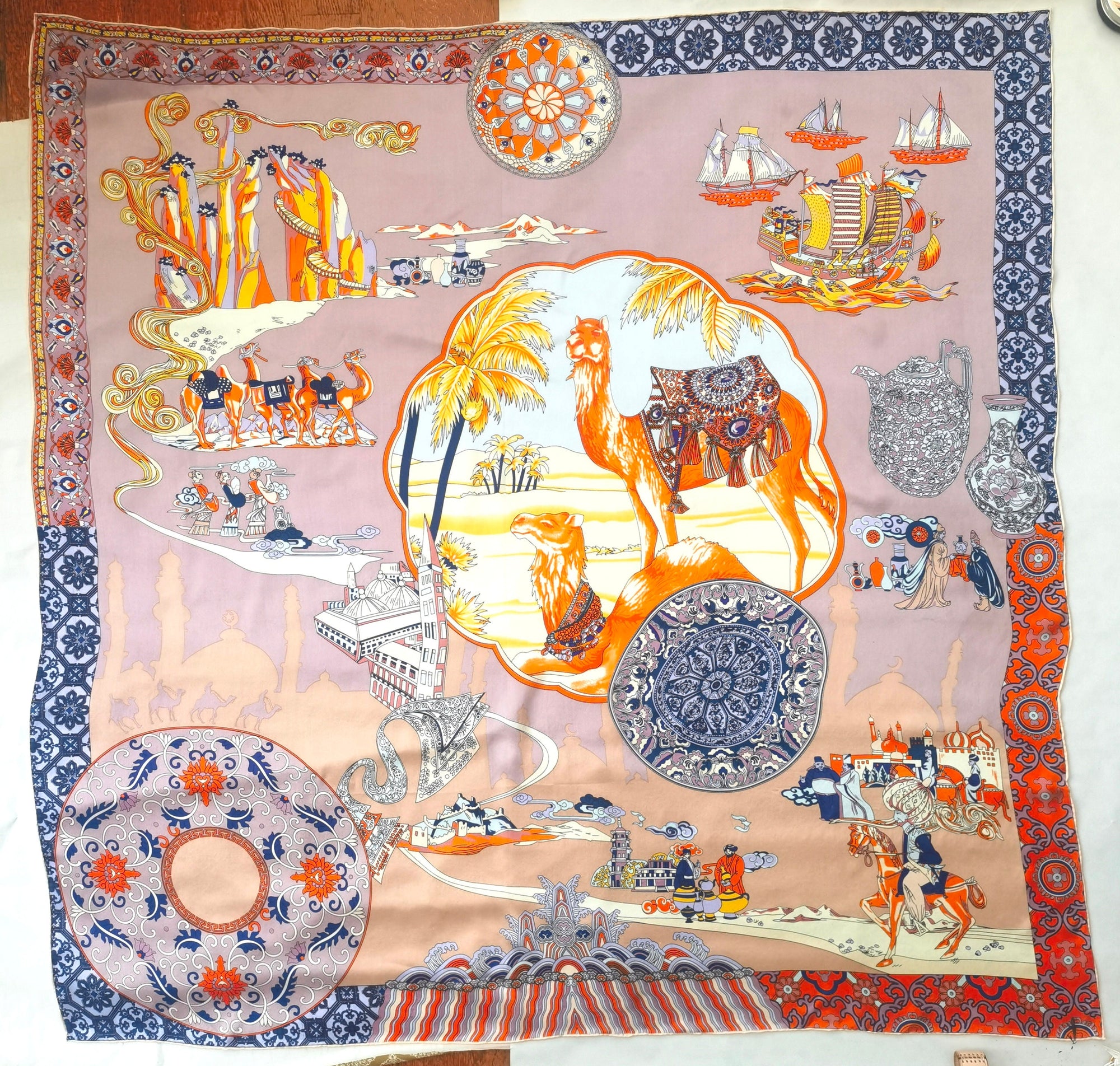 Oriental Pattern Mulberry Silk Scarf Silk Road Dual Colour Handmade Scarf 110cm Large Square Silk Shawl Oriental Heritage Gift for Birthday
