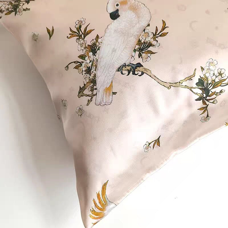 Luxury Silk Pillowcase, Minimalist Cockatoo Design, Vintage-Inspired Cottagecore Bedding, Envelope Closure, Soft &amp; Hypoallerenic Pillow Case