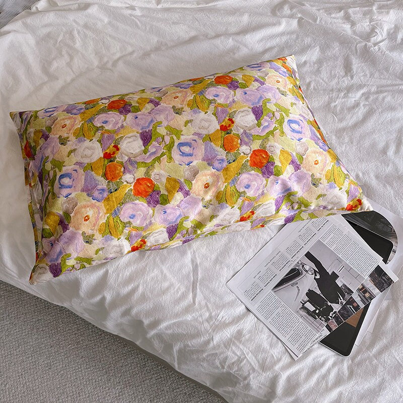 Floral Silk Pillowcase Impressionism Style Mulberry Silk Pillow Floral - Luxury Pillowcase with Silk Eye Mask Set for for Beauty Sleep