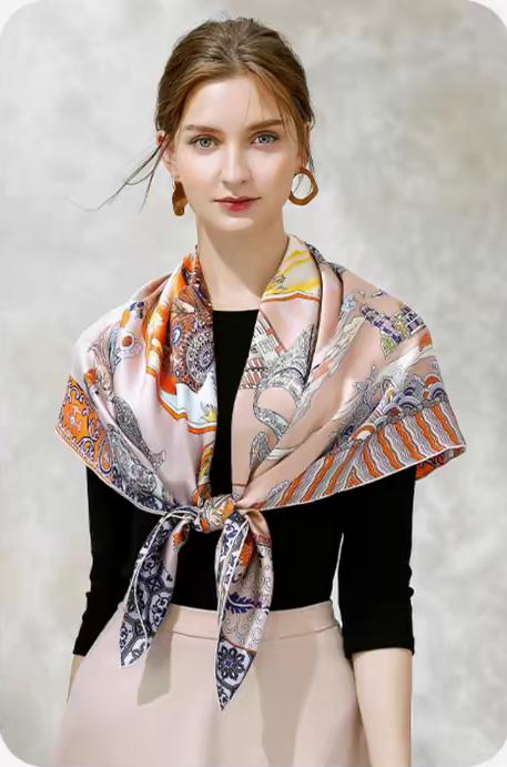 Oriental Pattern Mulberry Silk Scarf Silk Road Dual Colour Handmade Scarf 110cm Large Square Silk Shawl Oriental Heritage Gift for Birthday