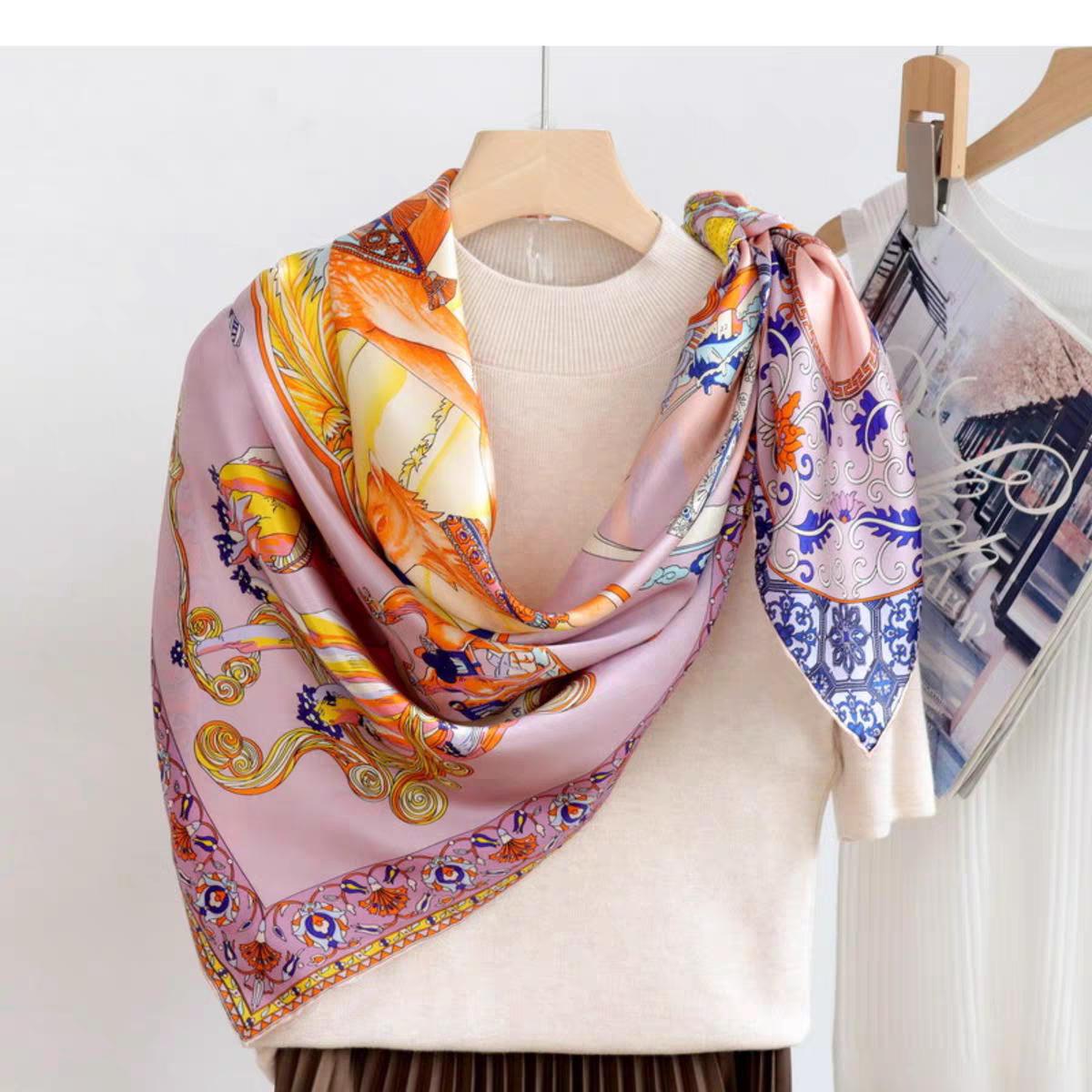 Oriental Pattern Mulberry Silk Scarf Silk Road Dual Colour Handmade Scarf 110cm Large Square Silk Shawl Oriental Heritage Gift for Birthday