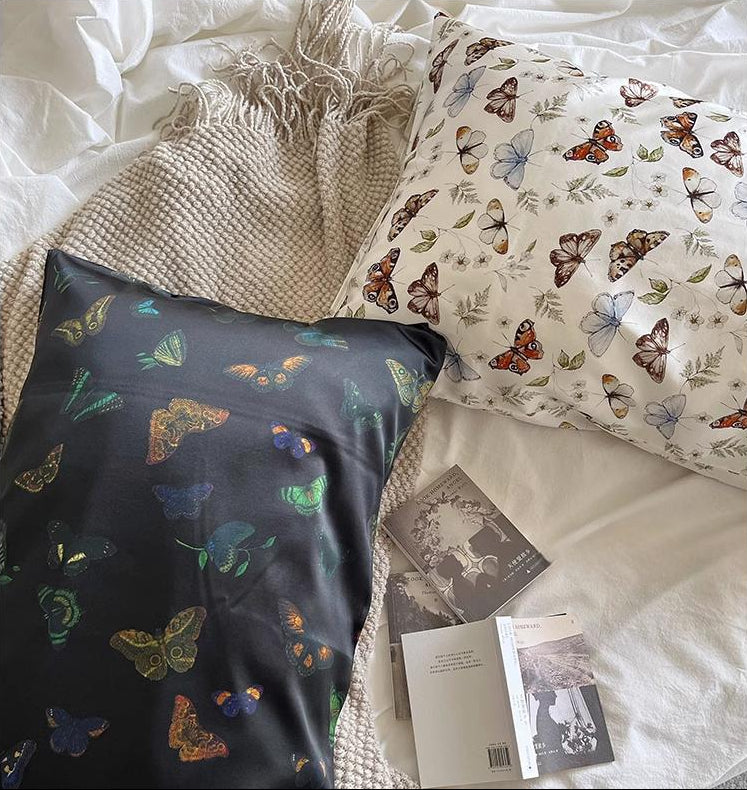 100% Mulberry Silk Pillowcase - Butterfly and Floral Garden Design, Envelope Closure, Anti-Frizz, Wrinkle - Resistant Silk Bedding