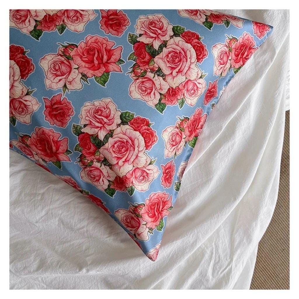 Floral Silk Pillowcase for Country Home Decor Vintage Bedroom Floral Elegance Silk Pillow Case for Skin Care Anti-Wrinkle Essential Pillow