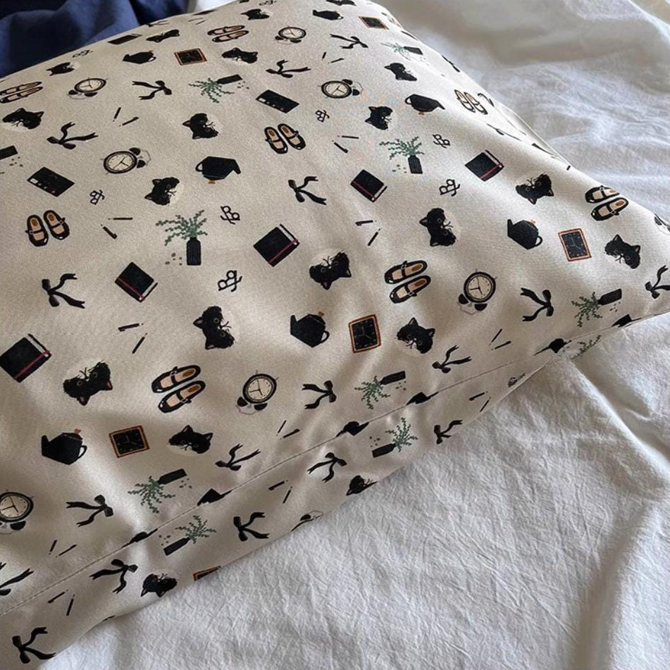 Mulberry Silk Pillowcase: Close up of miniature shoes,book, plant pattern on silk fabric