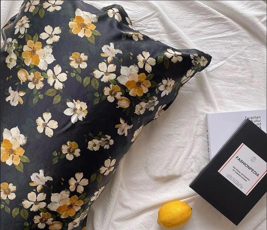Blossom Flowers Mulberry Silk Pillowcase with Silk Eye Mask Gift Set: Luxury Silk Bedding Dark Colour Silk Pillowcase Skin and Hair Care