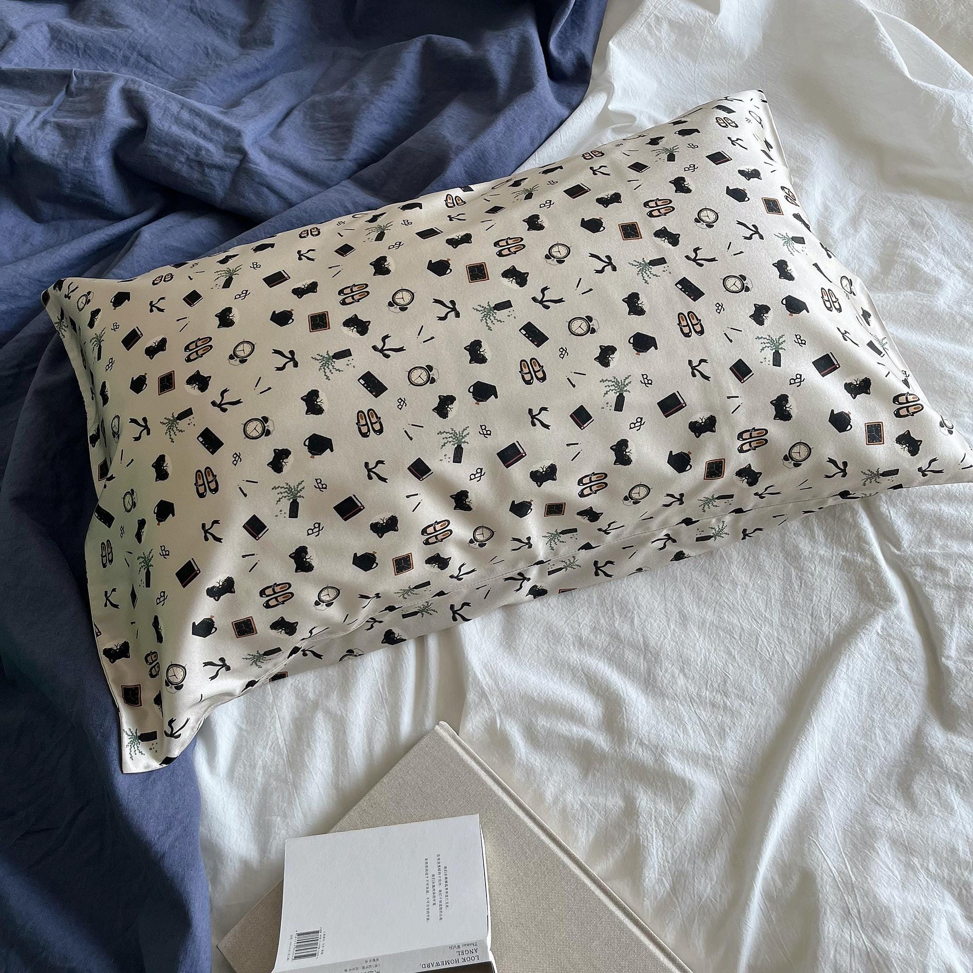100% Mulberry Silk Pillowcase for Hair and Skin, Gift-Ready Box. Whimsical printed silk pillow on bed, bedroom decor idea