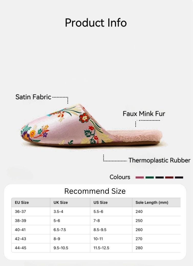 Oriental Embroidered Slippers for Women | Faux Fur Lined Mules | Floral Brocade House Shoes | Winter Gift | Christmas Boutique Favourite