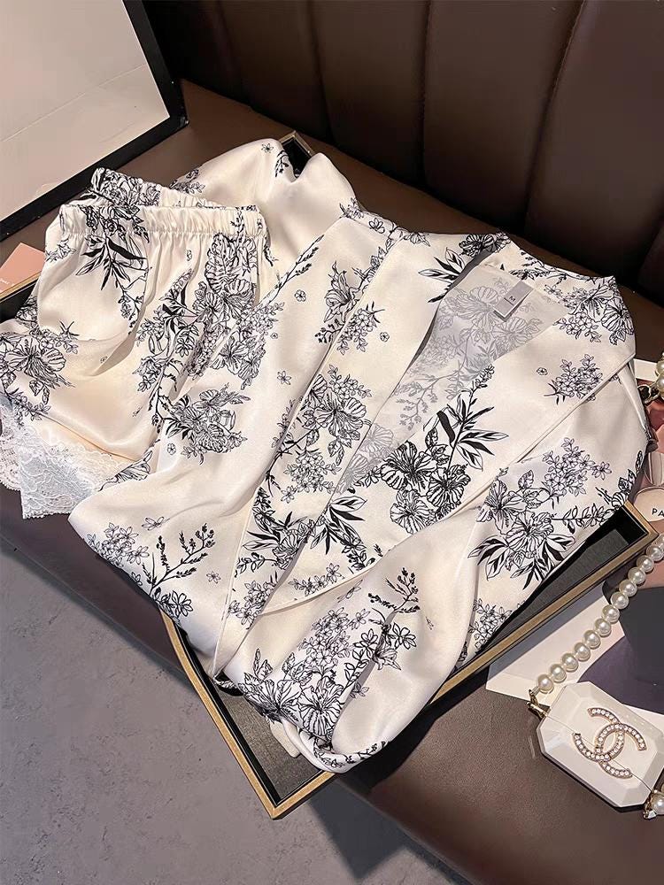 Luxury Oriental Style Silky Pajamas for Summer – Elegant Floral Loungewear with Lace Trim – Women Loungewear | Silk Kimono Robe