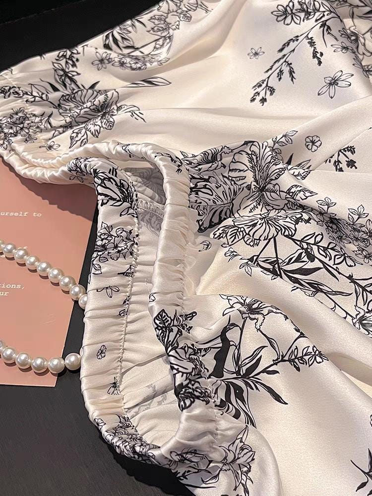Luxury Oriental Style Silky Pajamas for Summer – Elegant Floral Loungewear with Lace Trim – Women Loungewear | Silk Kimono Robe