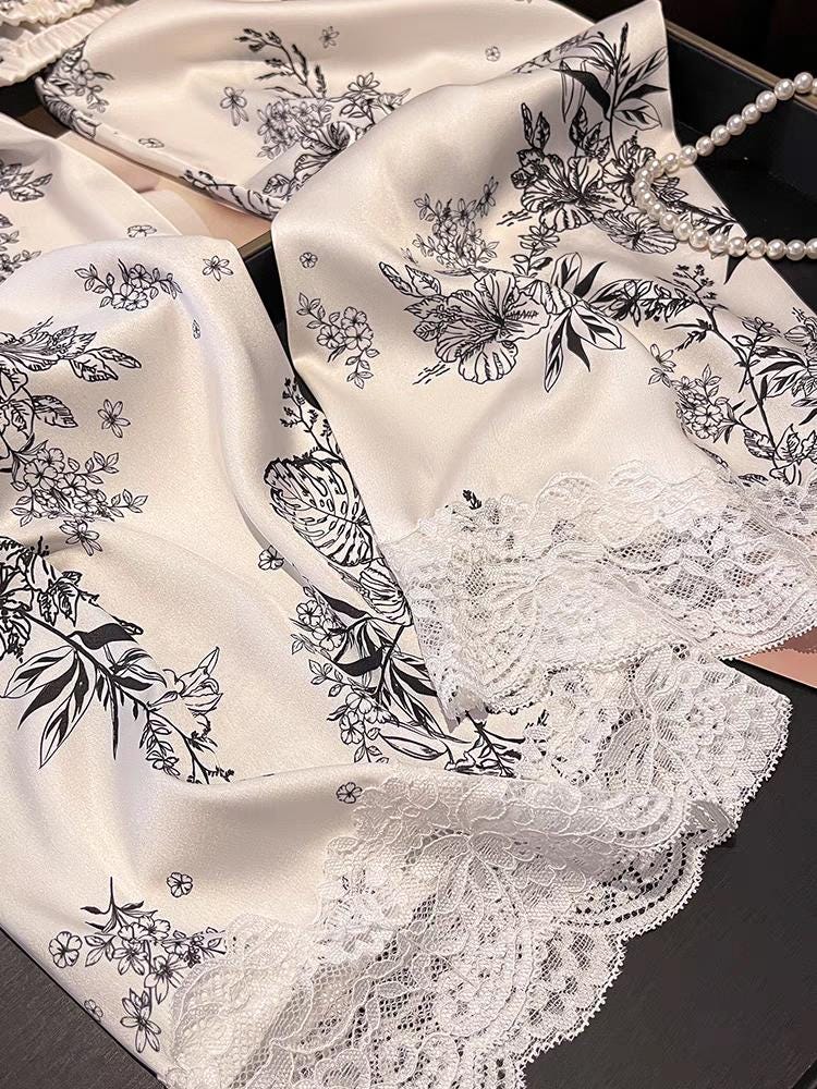 Luxury Oriental Style Silky Pajamas for Summer – Elegant Floral Loungewear with Lace Trim – Women Loungewear | Silk Kimono Robe