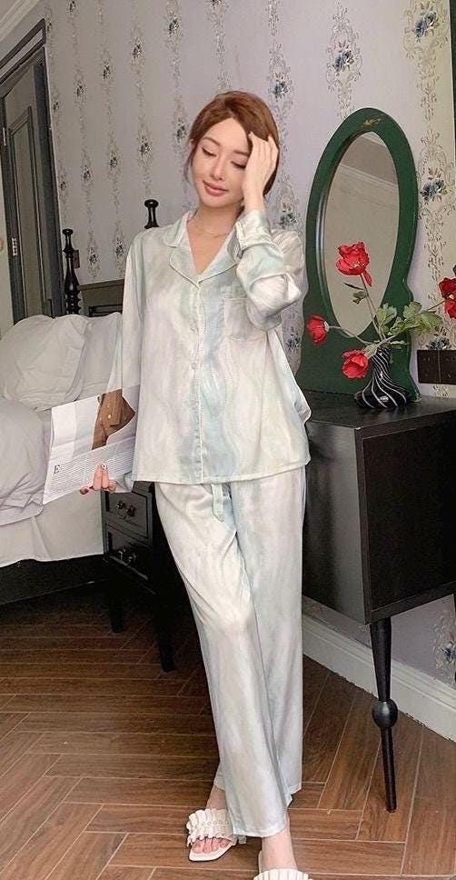 Silky Pajamas Dress: Women's Long Sleeve Sleep Shirt, Ink Painting Design
