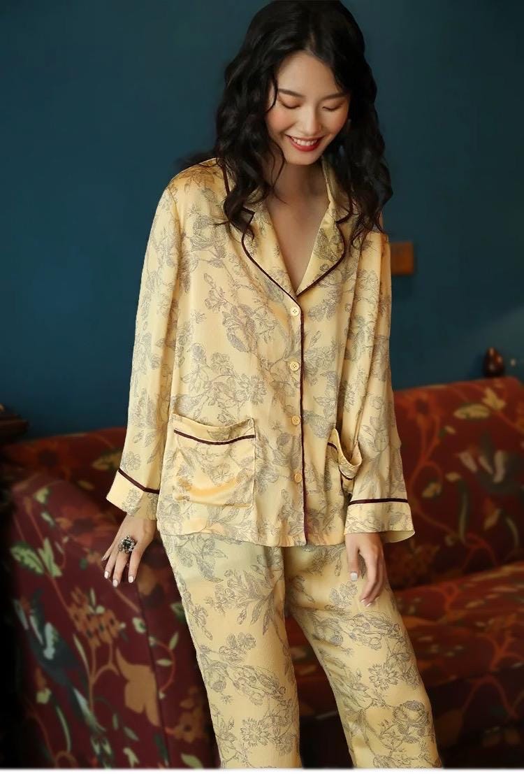 Silk Pajamas in Classic Yellow with Oriental Floral Print – Soft Breathable Nightwear for Women, Elegant Silk Sleepwear with Oriental Design