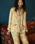 Silk Pajamas in Classic Yellow with Oriental Floral Print – Soft Breathable Nightwear for Women, Elegant Silk Sleepwear with Oriental Design
