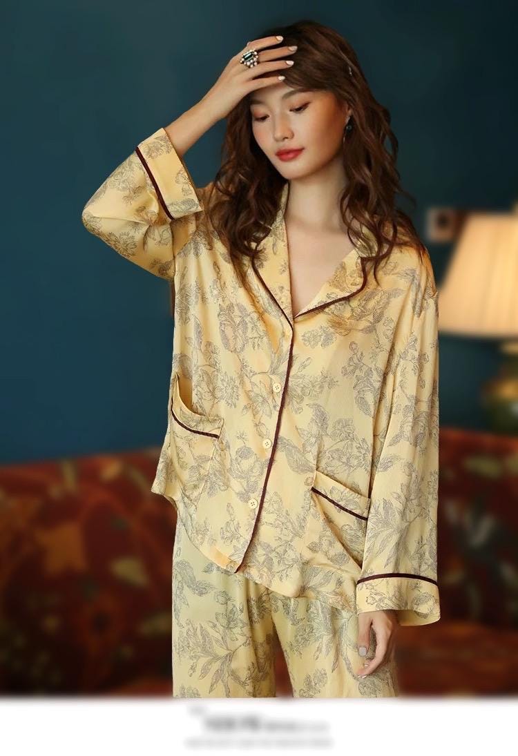 Silk Pajamas in Classic Yellow with Oriental Floral Print – Soft Breathable Nightwear for Women, Elegant Silk Sleepwear with Oriental Design