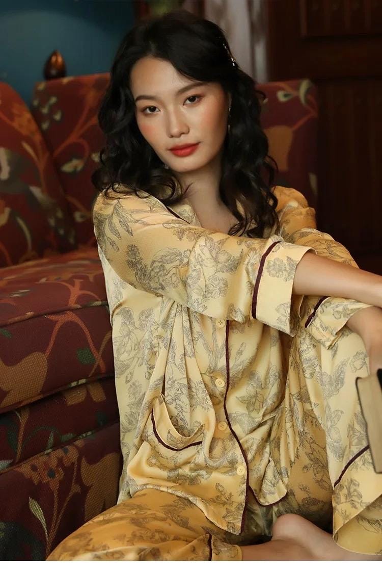 Silk Pajamas in Classic Yellow with Oriental Floral Print – Soft Breathable Nightwear for Women, Elegant Silk Sleepwear with Oriental Design