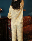 Silk Pajamas in Classic Yellow with Oriental Floral Print – Soft Breathable Nightwear for Women, Elegant Silk Sleepwear with Oriental Design
