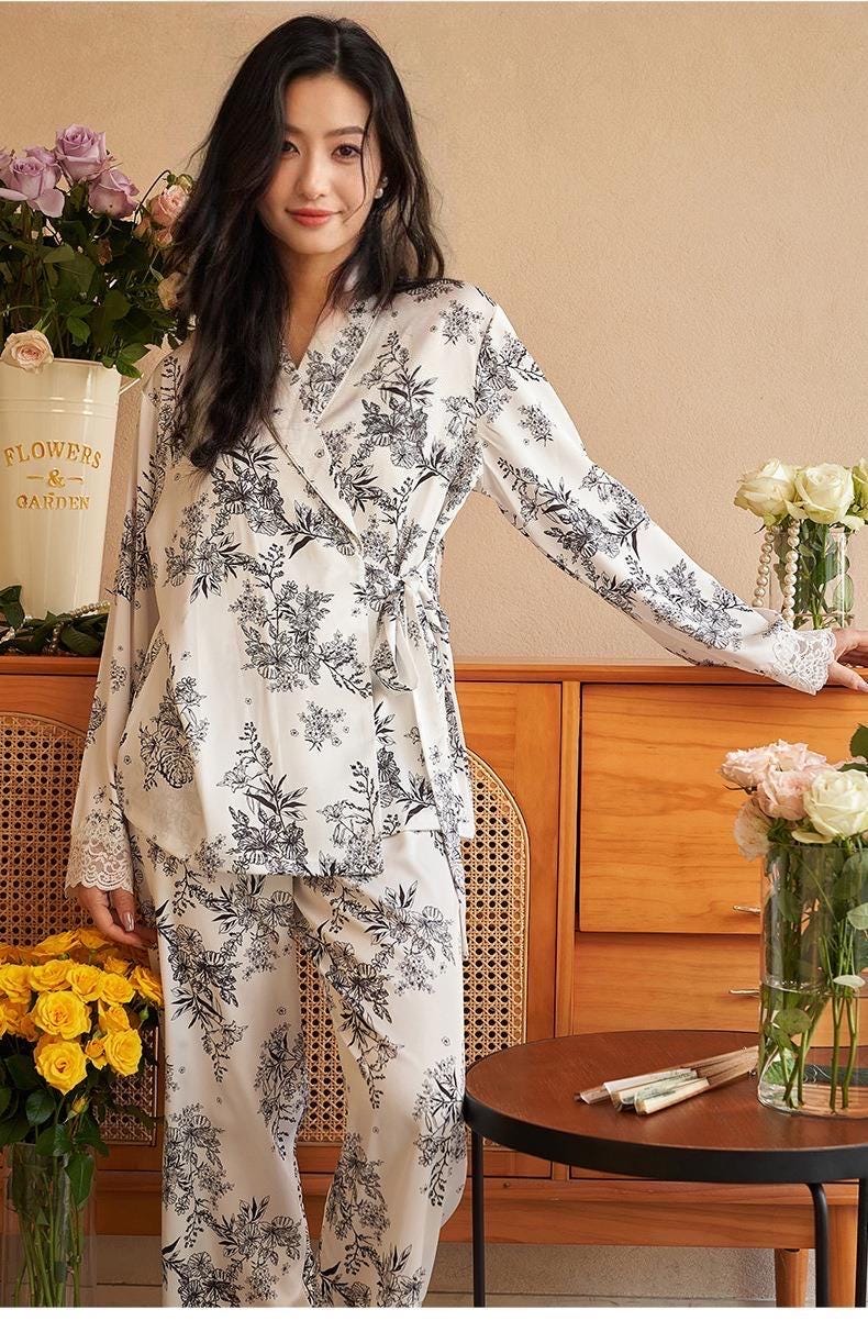 Luxury Oriental Style Silky Pajamas for Summer – Elegant Floral Loungewear with Lace Trim – Women Loungewear | Silk Kimono Robe