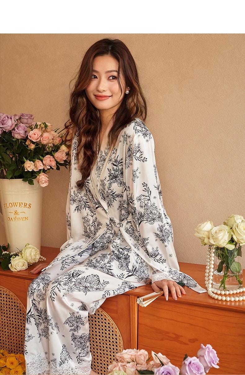 Luxury Oriental Style Silky Pajamas for Summer – Elegant Floral Loungewear with Lace Trim – Women Loungewear | Silk Kimono Robe