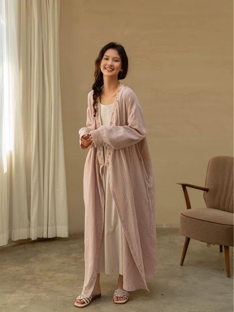 100% Cotton Gauze & Silk Embroidered Robe | Elegant Loungewear & Home Office Dress | Breathable & Lightweight