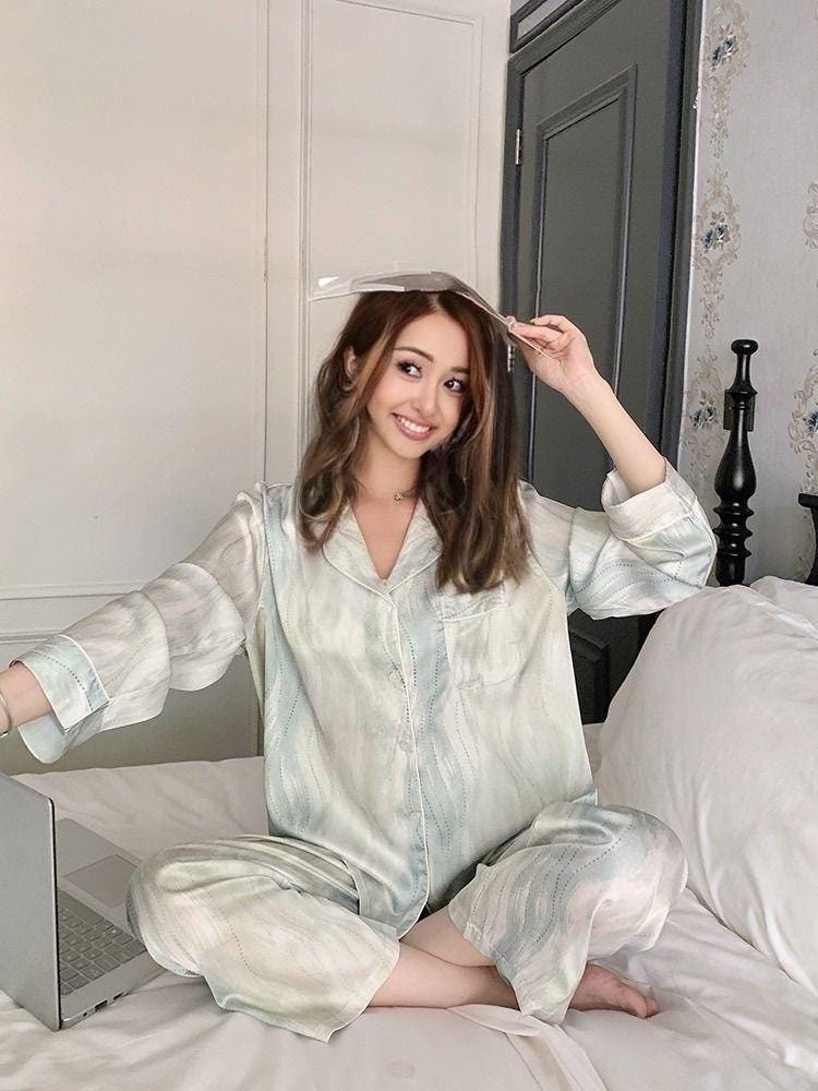 Silky Pajamas Dress: Women's Long Sleeve Sleep Shirt, Ink Painting Design