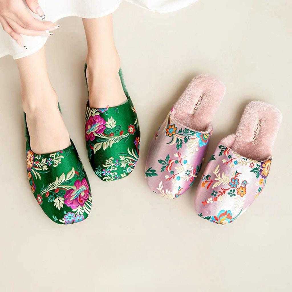 Oriental Embroidered Slippers for Women | Faux Fur Lined Mules | Floral Brocade House Shoes | Winter Gift | Christmas Boutique Favourite