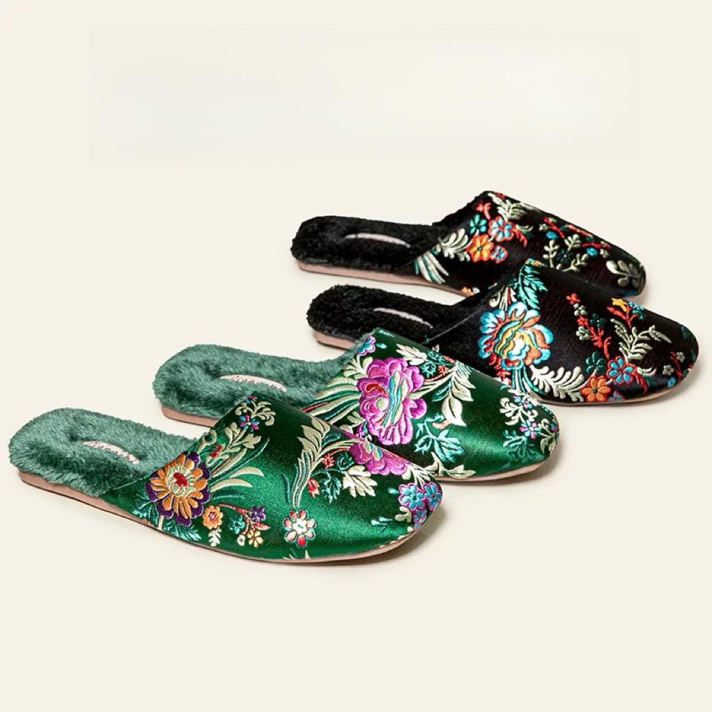 Oriental Embroidered Slippers for Women | Faux Fur Lined Mules | Floral Brocade House Shoes | Winter Gift | Christmas Boutique Favourite