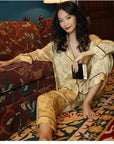 Silk Pajamas in Classic Yellow with Oriental Floral Print – Soft Breathable Nightwear for Women, Elegant Silk Sleepwear with Oriental Design
