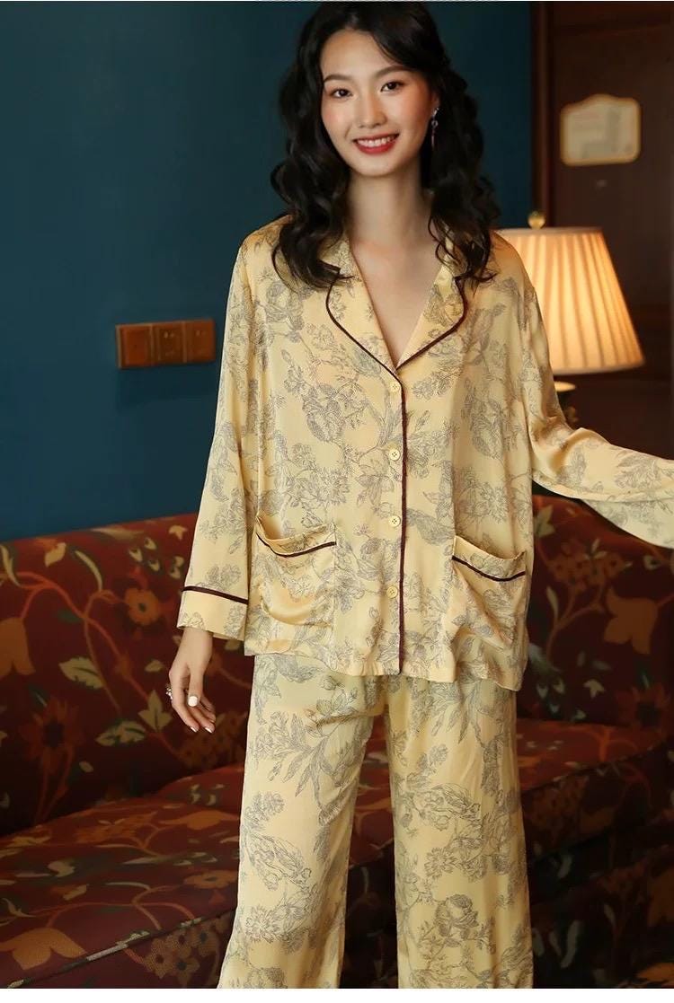 Silk Pajamas in Classic Yellow with Oriental Floral Print – Soft Breathable Nightwear for Women, Elegant Silk Sleepwear with Oriental Design