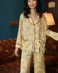 Silk Pajamas in Classic Yellow with Oriental Floral Print – Soft Breathable Nightwear for Women, Elegant Silk Sleepwear with Oriental Design