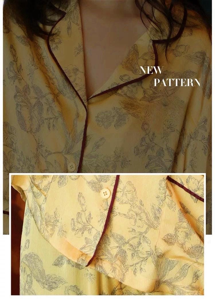 Silk Pajamas in Classic Yellow with Oriental Floral Print – Soft Breathable Nightwear for Women, Elegant Silk Sleepwear with Oriental Design