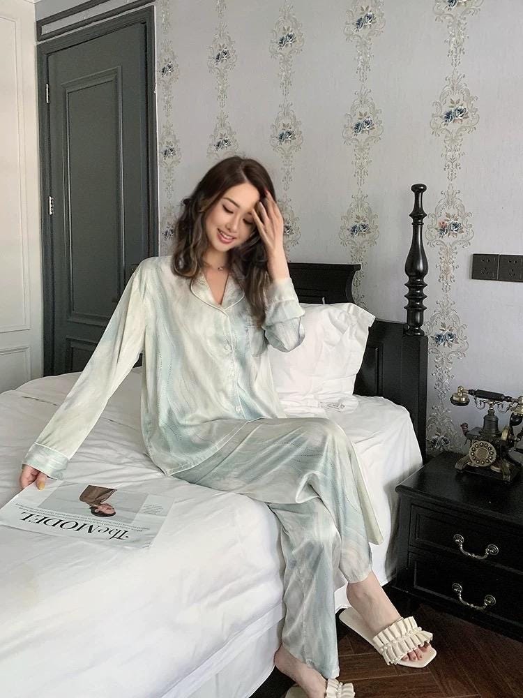 Silky Pajamas Dress: Women's Long Sleeve Sleep Shirt, Ink Painting Design