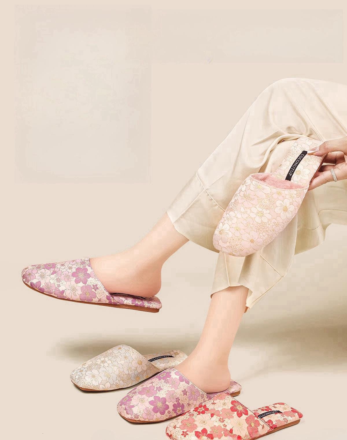 Embroidered Floral Slippers: Faux Fur Lined Winter House Shoes