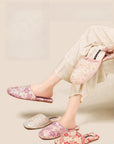 Embroidered Floral Slippers: Faux Fur Lined Winter House Shoes