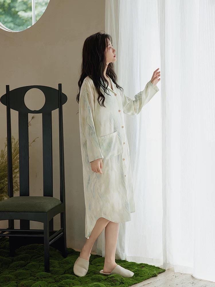 Silky Pajamas Dress: Women's Long Sleeve Sleep Shirt, Ink Painting Design