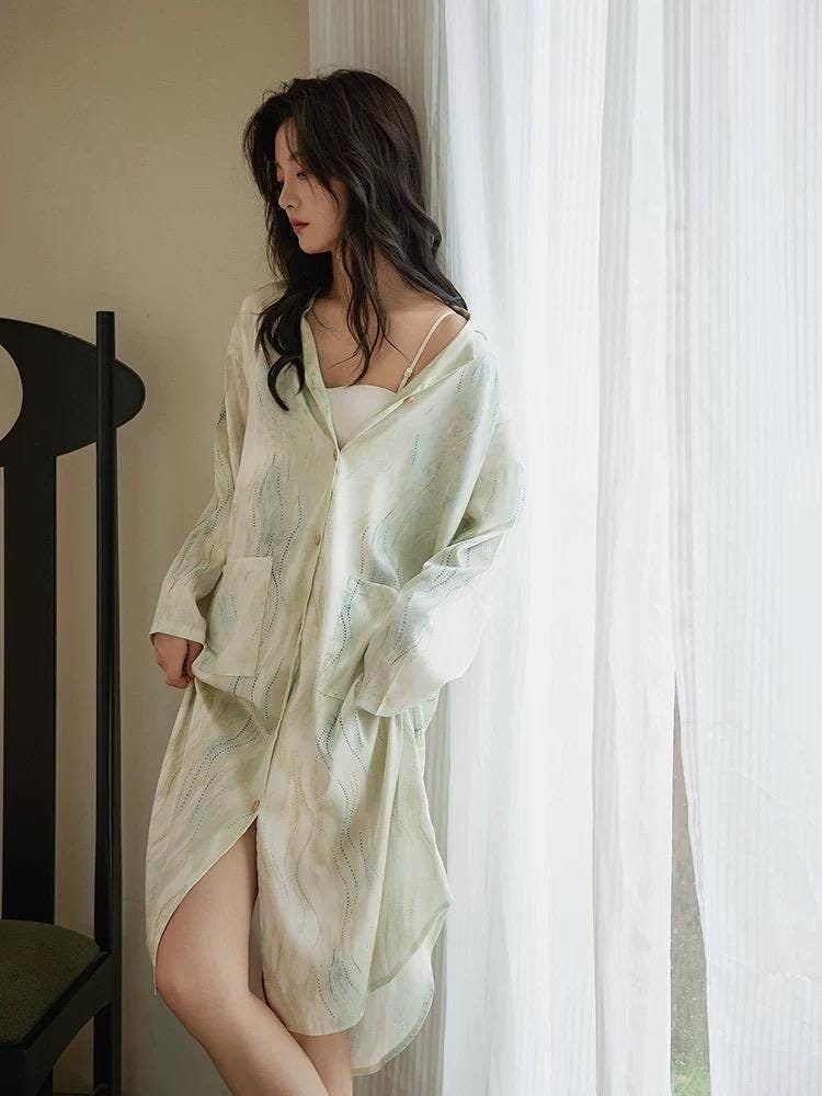 Silky Pajamas Dress: Women's Long Sleeve Sleep Shirt, Ink Painting Design