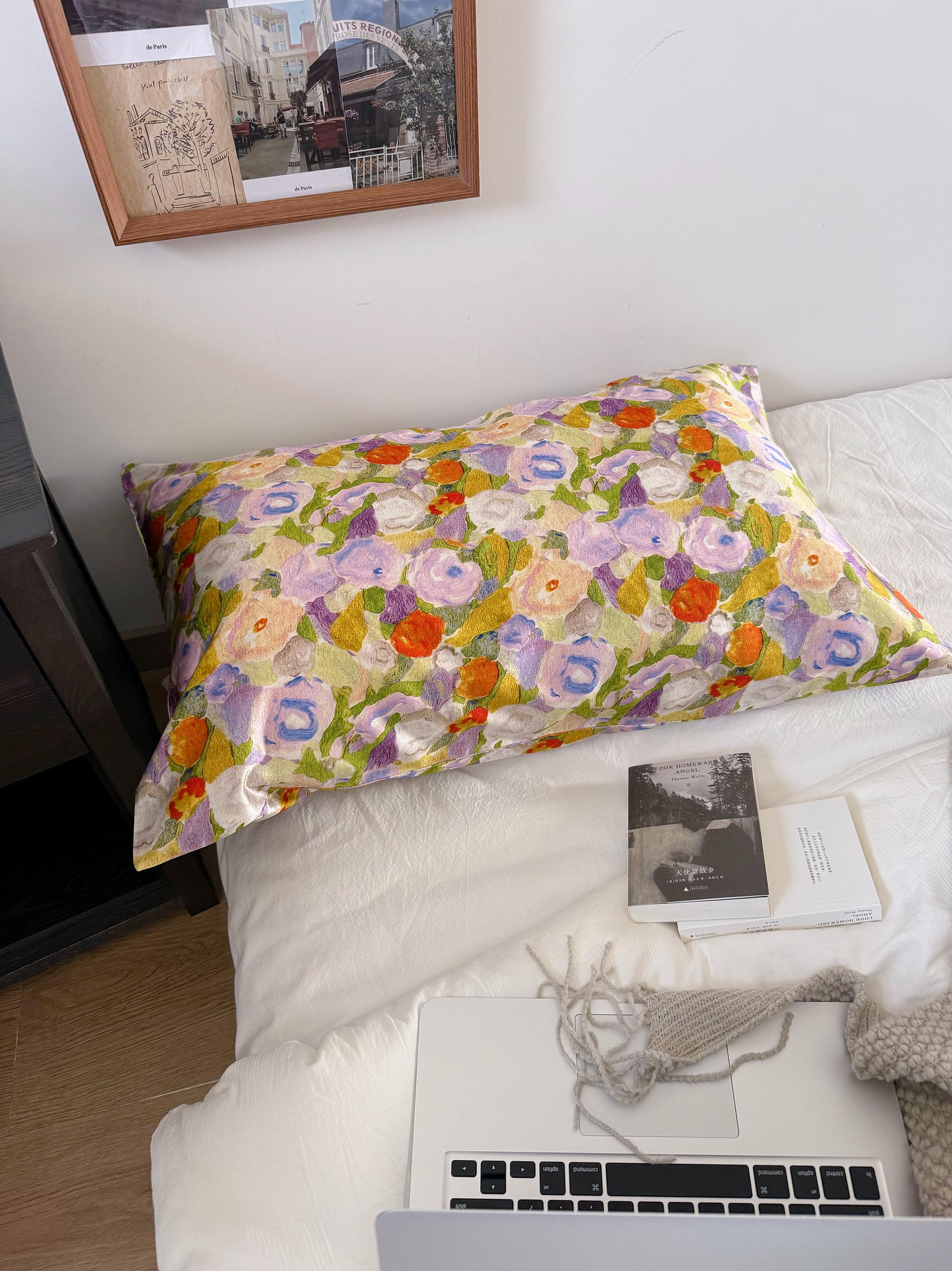 Floral Silk Pillowcase Impressionism Style Mulberry Silk Pillow Floral - Luxury Pillowcase with Silk Eye Mask Set for for Beauty Sleep