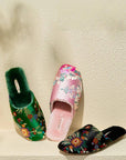 Oriental Embroidered Slippers for Women | Faux Fur Lined Mules | Floral Brocade House Shoes | Winter Gift | Christmas Boutique Favourite