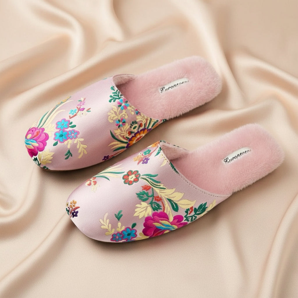 Oriental Embroidered Slippers for Women | Faux Fur Lined Mules | Floral Brocade House Shoes | Winter Gift | Christmas Boutique Favourite