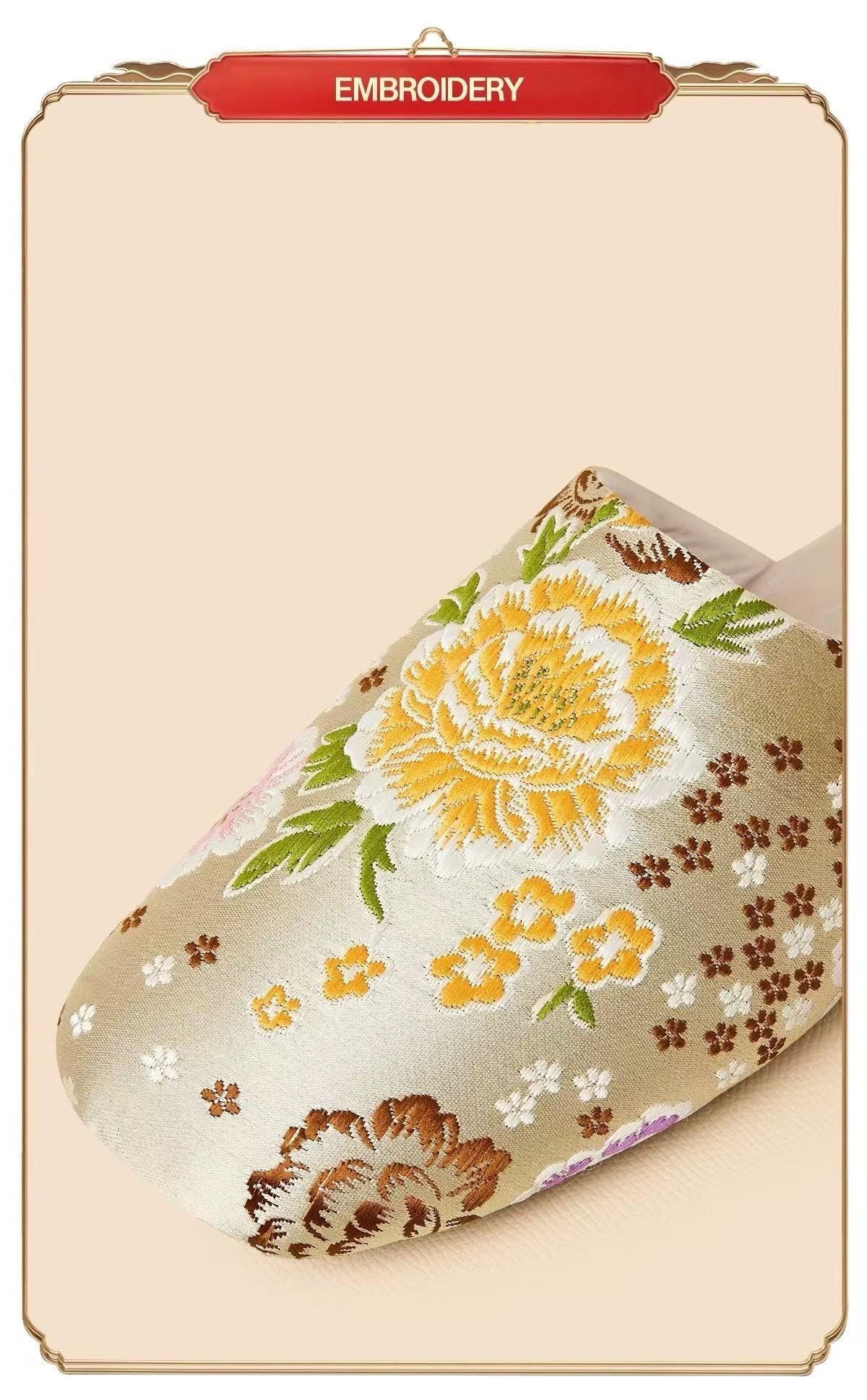 Embroidered Satin Slippers: Chinese Dragon Floral House Shoes