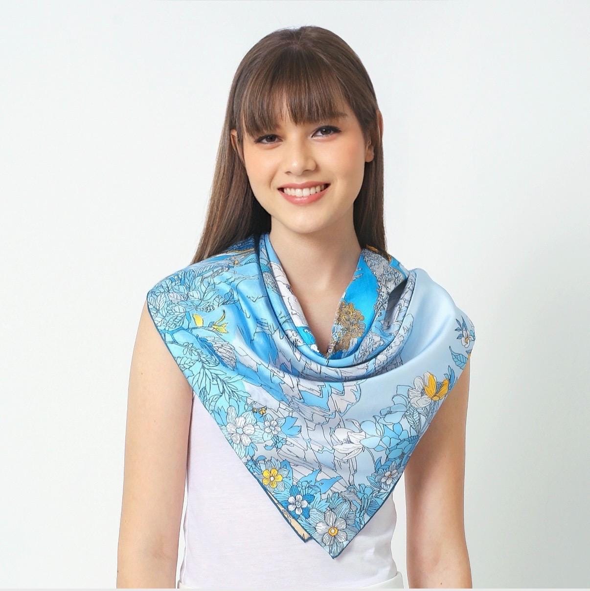 Blue Silk Scarf Blue and Beige Inspired by Chinese Mythology Dual Colours Scarf Gift for Her Gift for Birthday Perfect Gift for Valentine’s
