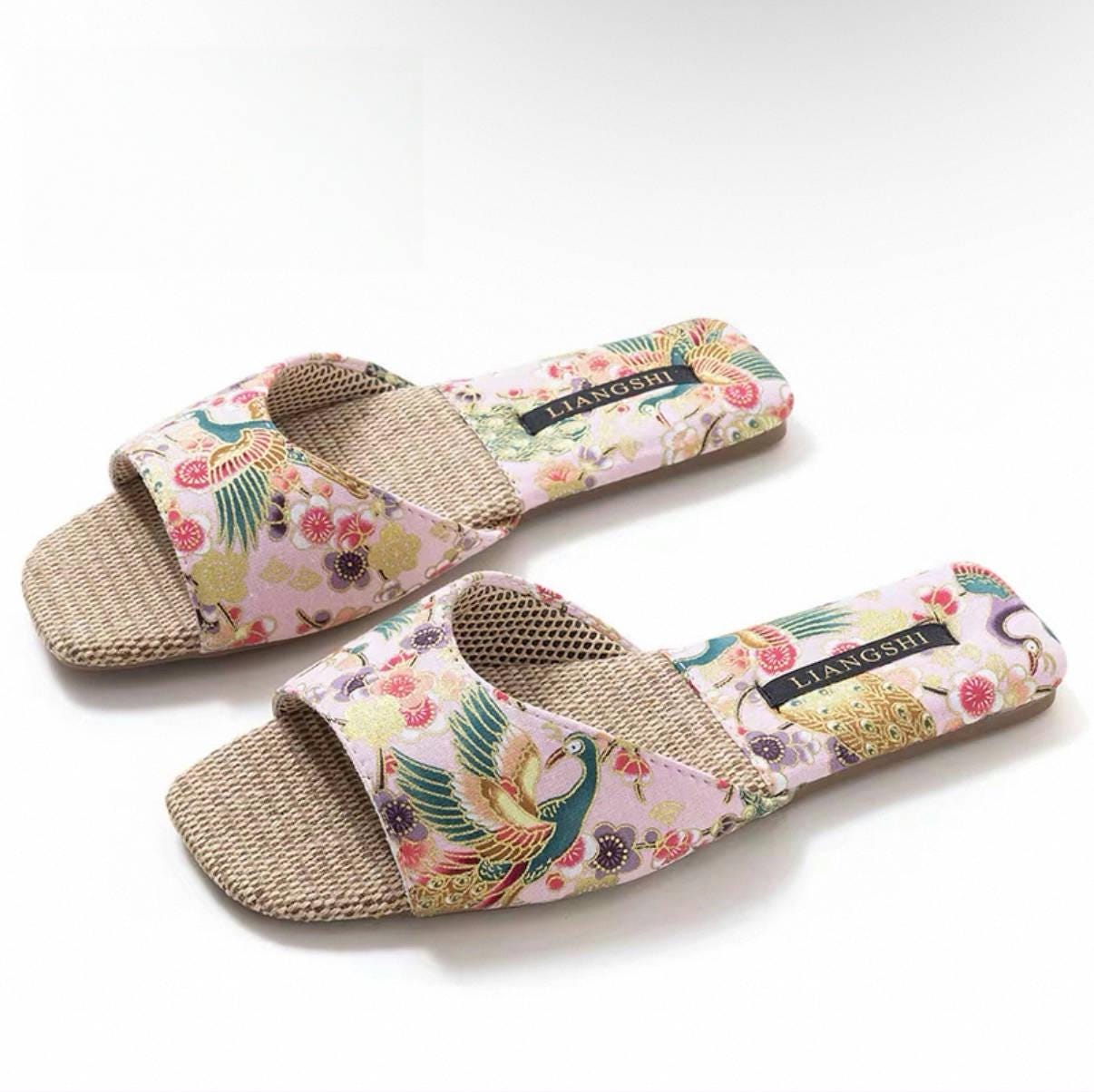 Embroidered Oriental Slippers: Handmade Open Totes Footwear, Causual House Shoes