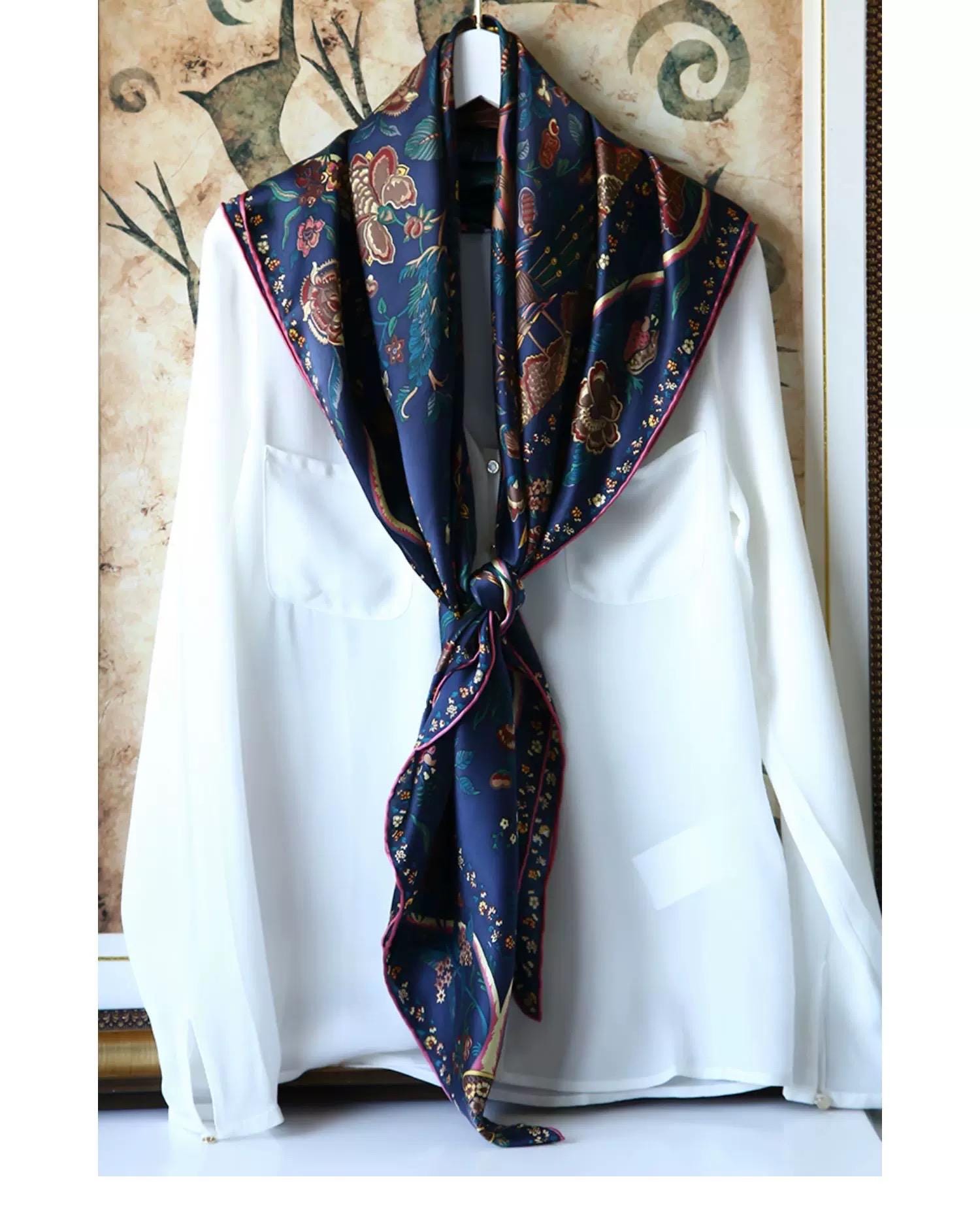 Ottoman Style Blue Silk Scarf 100% Mulberry Silk 106cm Square Hijab Shawl Head Wrap for Women Islamic Elegant Gift Ramadan Eid Modest Fashion Accessory