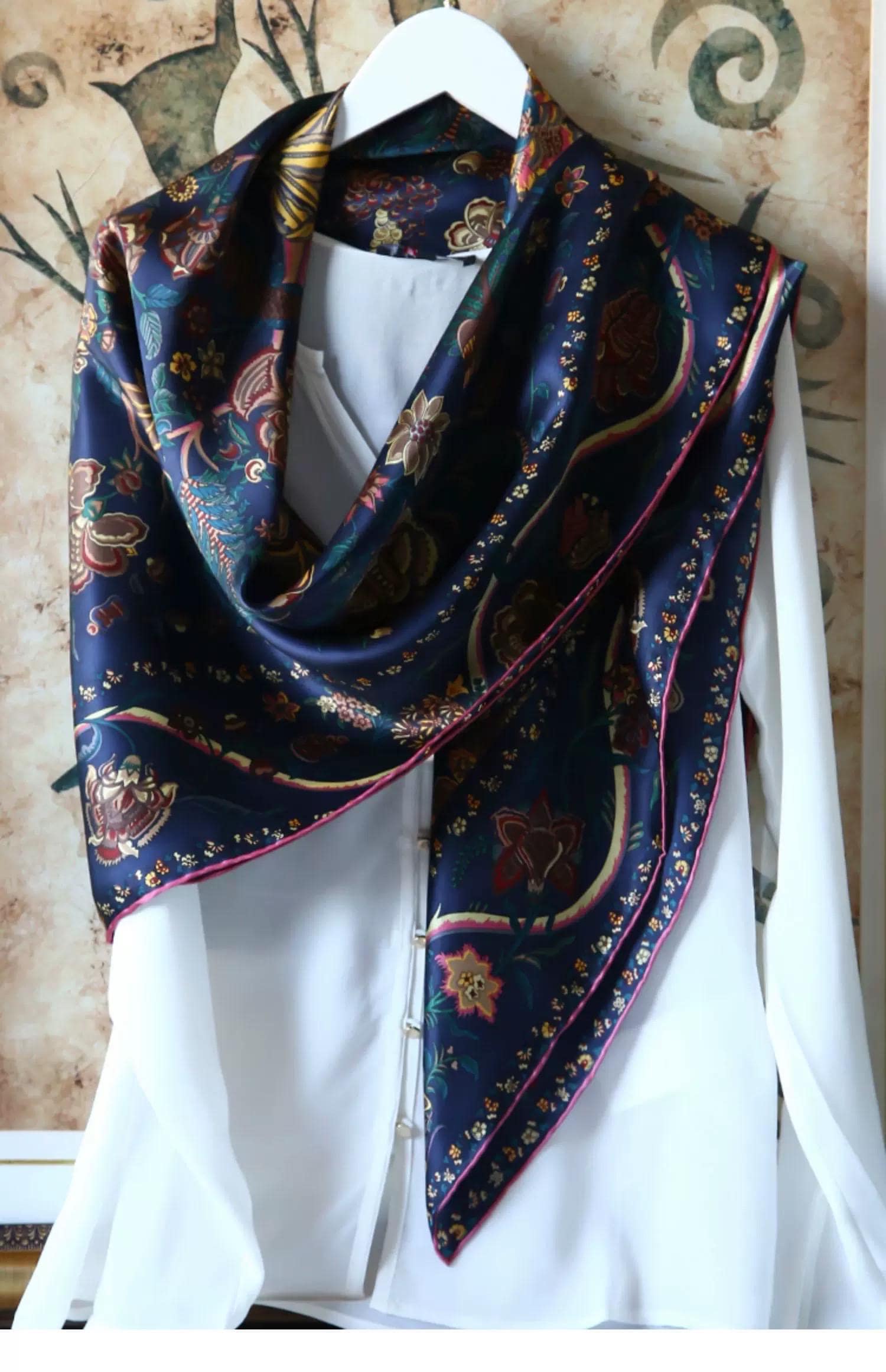 Ottoman Style Blue Silk Scarf 100% Mulberry Silk 106cm Square Hijab Shawl Head Wrap for Women Islamic Elegant Gift Ramadan Eid Modest Fashion Accessory
