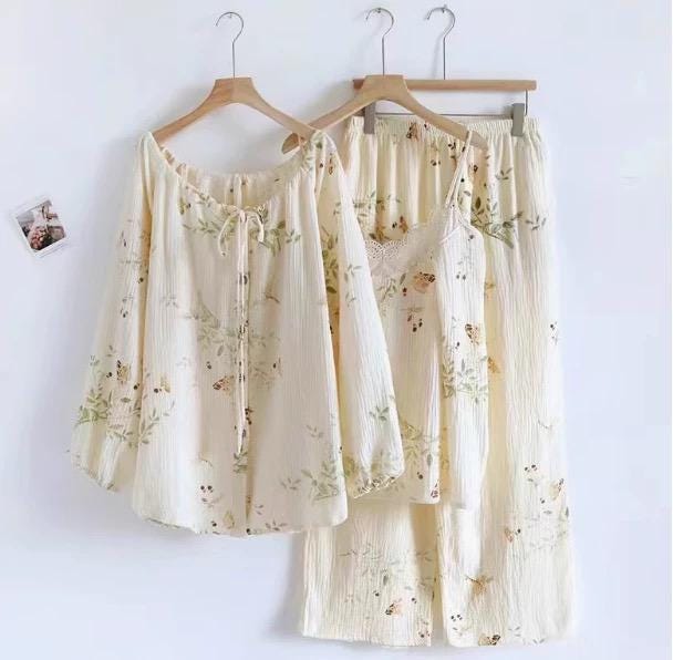 Gauze Pyjamas 3PCS Set with Camisole &amp; Robe Sustainable Tie-Dye Loungewear Lightweight Breathable Organic Cotton Summer pyjamas