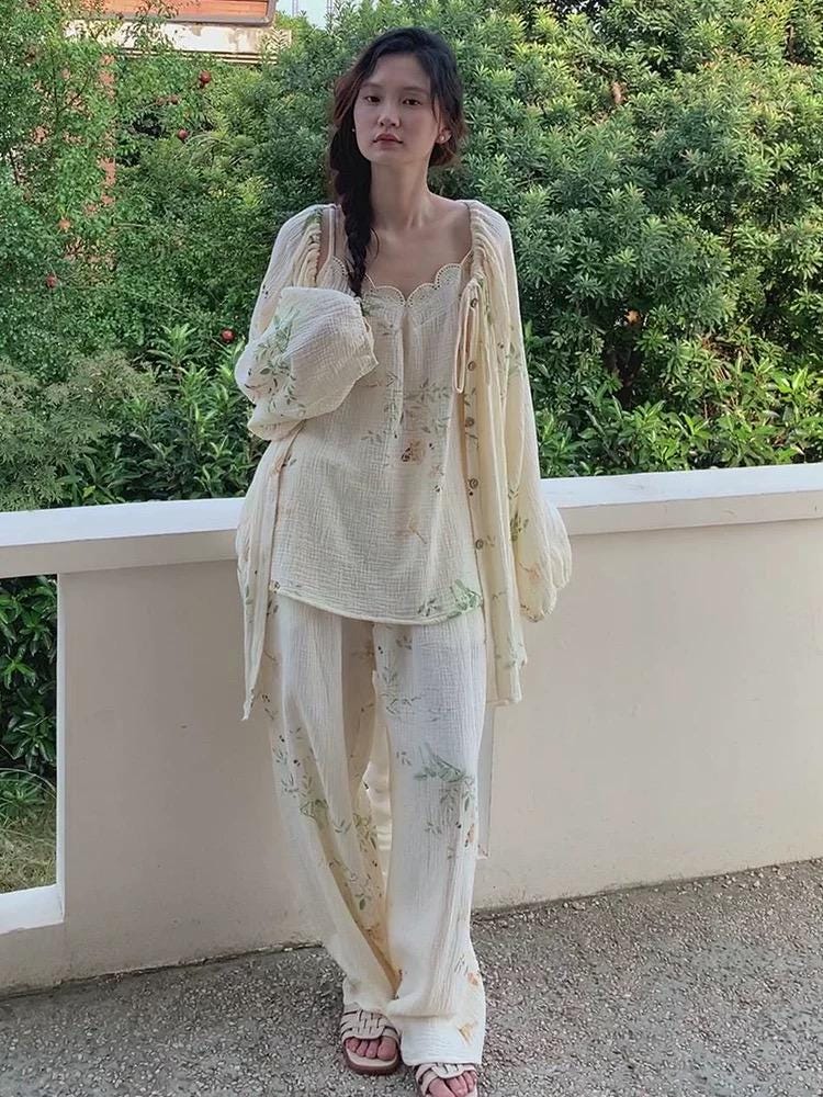 Gauze Pyjamas 3PCS Set with Camisole &amp; Robe Sustainable Tie-Dye Loungewear Lightweight Breathable Organic Cotton Summer pyjamas