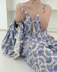 Cotton Kimono Robe 3PCS Set: Blue Fan Print Loungewear - Linen Feel Pyjmas