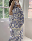 Cotton Kimono Robe 3PCS Set: Blue Fan Print Loungewear - Linen Feel Pyjmas