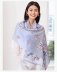 Reversible Mulberry Silk Scarf with Qipao Buttons – Double-Sided 6A Silk Wrap | Floral Bird Design Oriental Silk Shawl Hanfu Accessories